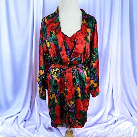 Victoria’s Secret Vintage Gold Label Red Floral SatinChemise and Robe Set S